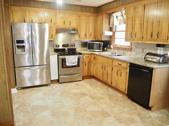 kitchen with sink, light stone countertops, ceiling fan, and appliances with stainless steel finishes