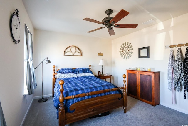 bedroom featuring carpet floors and ceiling fan