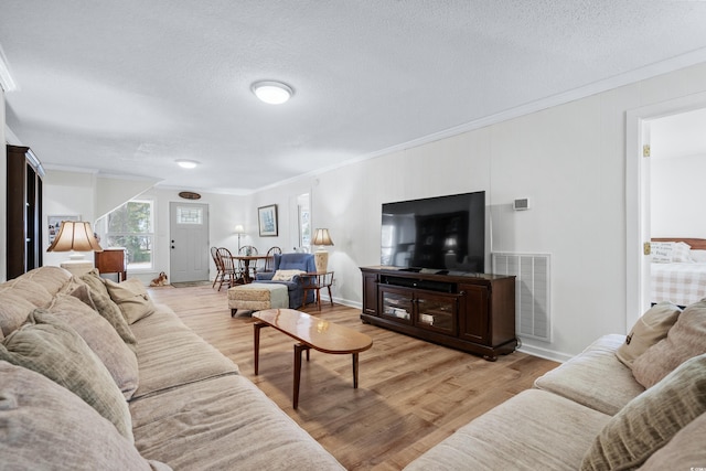 living room featuring crown molding, light hardwood / wood-style floors, and a textured ceiling