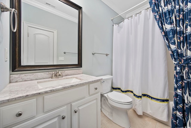 full bathroom with shower / tub combo with curtain, crown molding, vanity, tile patterned floors, and toilet