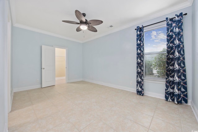 unfurnished room with ceiling fan and ornamental molding