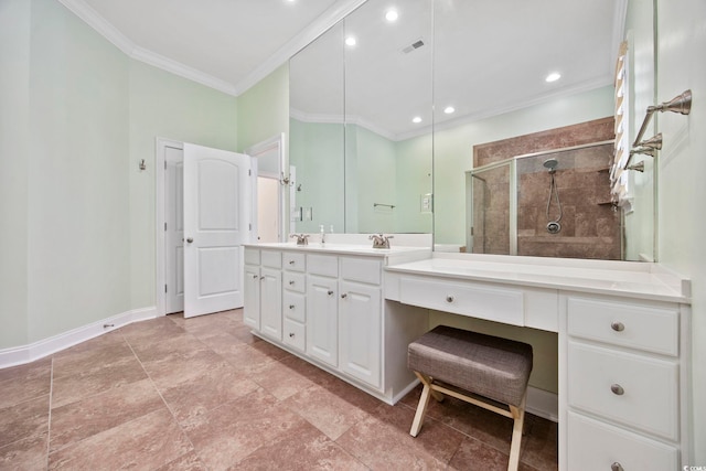 bathroom featuring vanity, ornamental molding, and walk in shower