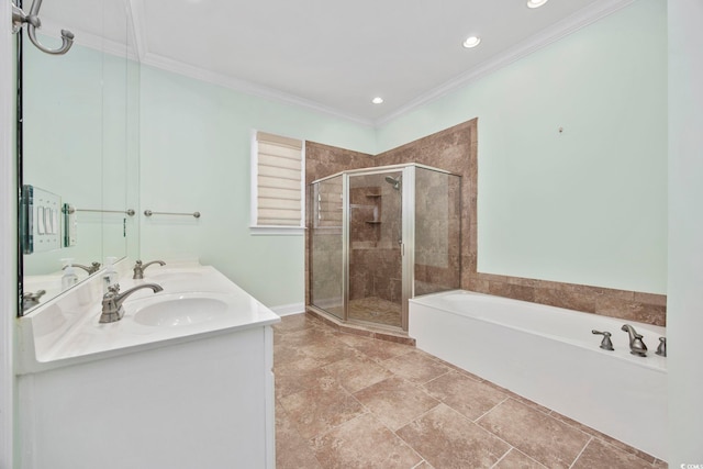 bathroom featuring crown molding, shower with separate bathtub, and vanity