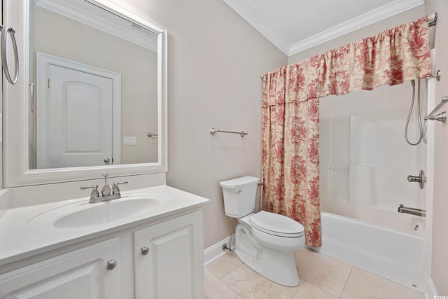 full bathroom featuring tile patterned flooring, vanity, shower / tub combo, toilet, and crown molding