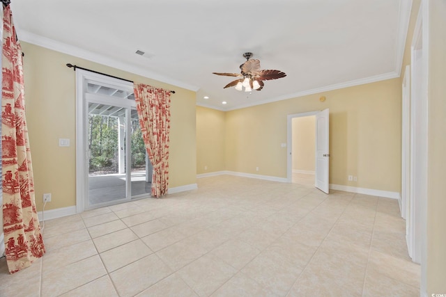 tiled spare room featuring ornamental molding and ceiling fan