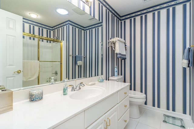 bathroom with walk in shower, toilet, a textured ceiling, and tile patterned floors