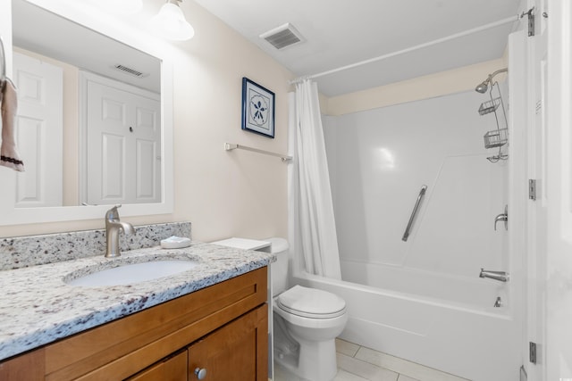 full bathroom with vanity, toilet, tile patterned floors, and shower / bath combo with shower curtain