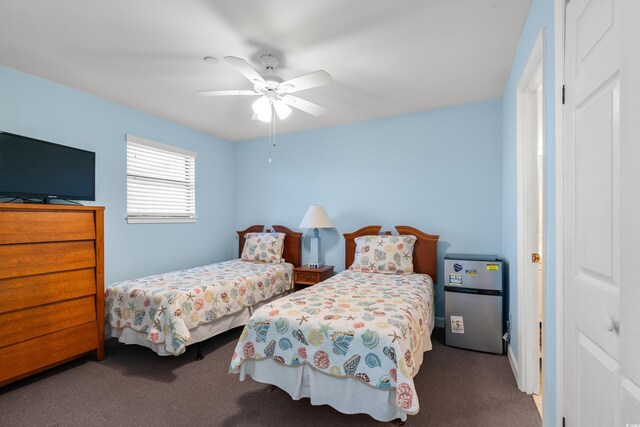 bedroom with ceiling fan and carpet floors