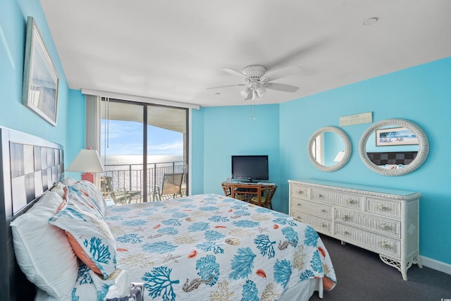 bedroom with ceiling fan, carpet floors, and access to outside