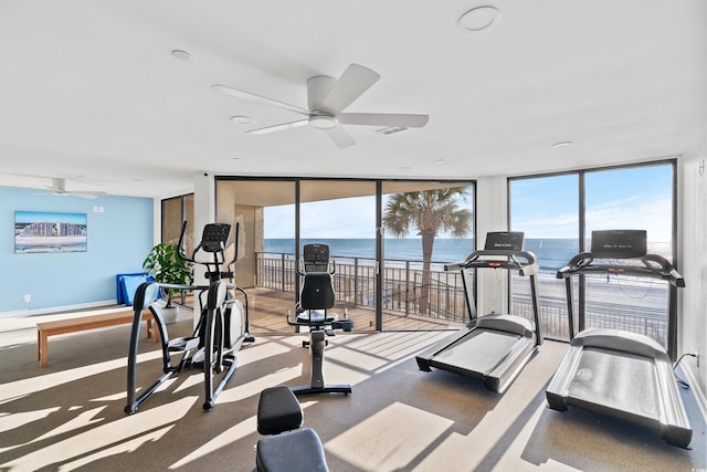 workout area with expansive windows, a water view, and a healthy amount of sunlight