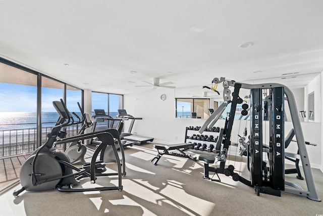 exercise room featuring expansive windows, a water view, and plenty of natural light