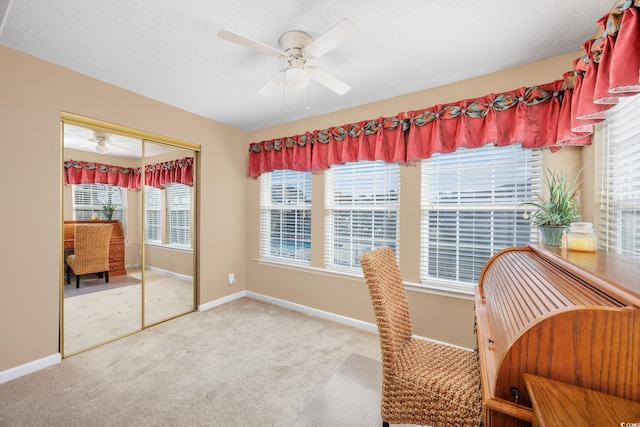 home office featuring carpet and ceiling fan