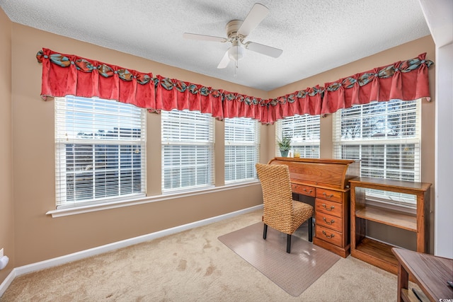 carpeted office with ceiling fan and a textured ceiling