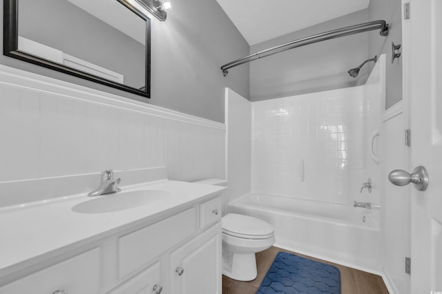901 W Port Dr Unit 1706, North Myrtle Beach, SC 29582 - full bath with toilet, wainscoting, vanity, wood finished floors, and washtub / shower combination