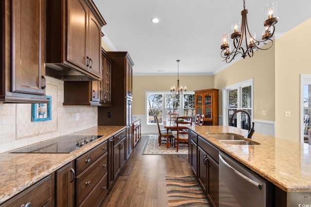 kitchen with dishwasher, sink, ornamental molding, black electric stovetop, and an inviting chandelier