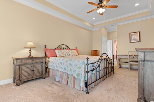 bedroom with ornamental molding, light colored carpet, and ceiling fan