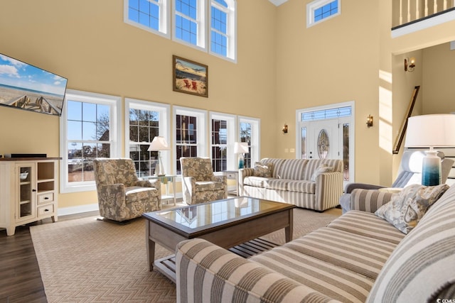 living room featuring hardwood / wood-style flooring and a high ceiling