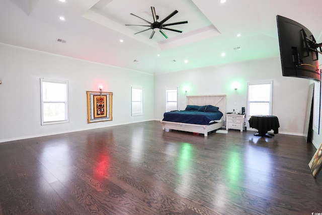 bedroom featuring a raised ceiling, multiple windows, and wood finished floors