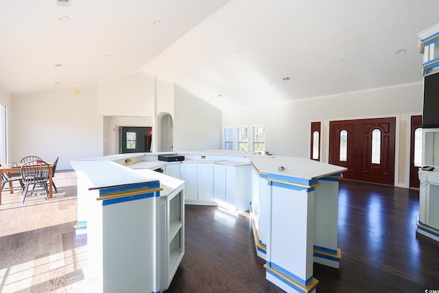 kitchen featuring light countertops, lofted ceiling, a large island, white cabinets, and dark wood-style flooring