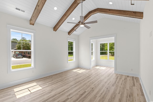 7053 Byrnes Ln, Myrtle Beach, SC 29588 - empty room featuring a wealth of natural light, light wood-style floors, visible vents, and vaulted ceiling with beams