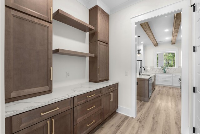 7053 Byrnes Ln, Myrtle Beach, SC 29588 - bar featuring tasteful backsplash, a sink, beam ceiling, light wood-type flooring, and recessed lighting