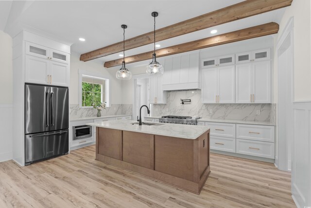 7053 Byrnes Ln, Myrtle Beach, SC 29588 - kitchen featuring recessed lighting, high end fridge, beamed ceiling, white cabinets, and backsplash