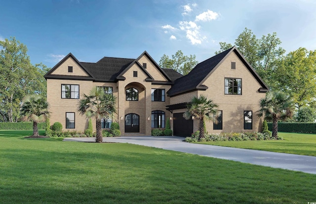 french country home featuring a garage and a front yard