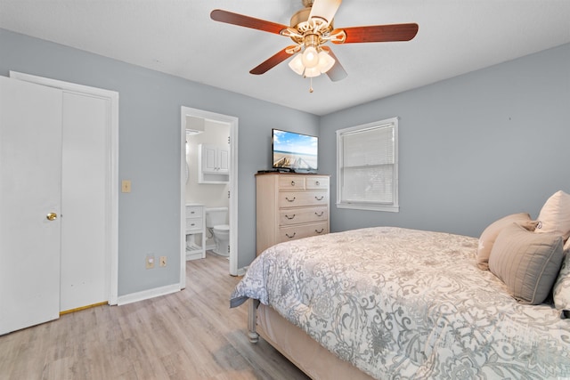 1020 Thomas Ave, North Myrtle Beach, SC 29582 - bedroom featuring light wood-type flooring, baseboards, connected bathroom, and a ceiling fan