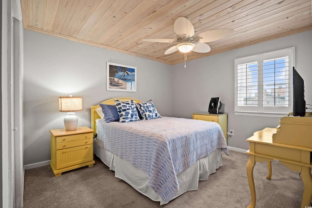 bedroom featuring ceiling fan, carpet, and wooden ceiling