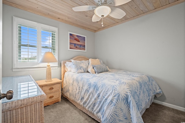 carpeted bedroom featuring ceiling fan and wooden ceiling