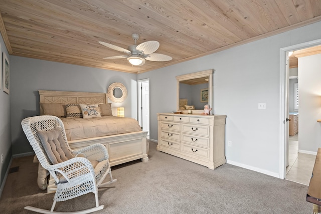 carpeted bedroom with ceiling fan, crown molding, and wooden ceiling