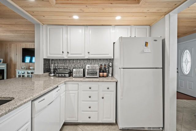 kitchen with wooden ceiling, white appliances, white cabinetry, and light stone countertops