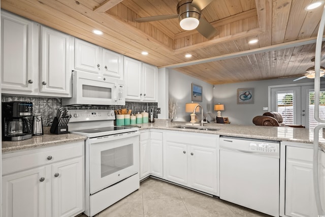 kitchen featuring sink, backsplash, white appliances, and wood ceiling