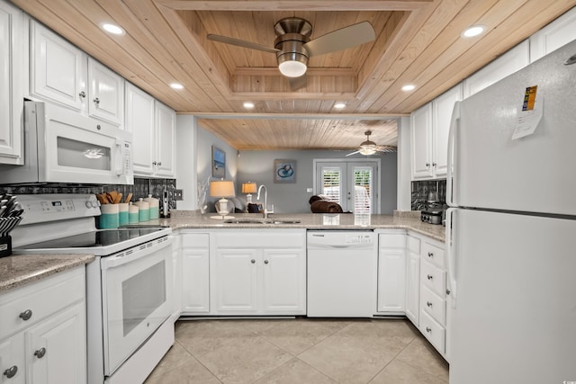 kitchen with white appliances, white cabinetry, tasteful backsplash, sink, and wooden ceiling