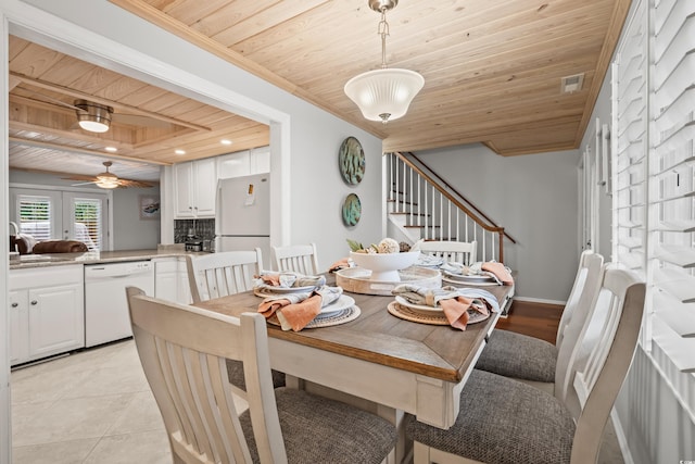 tiled dining area featuring wood ceiling, ceiling fan, ornamental molding, and sink