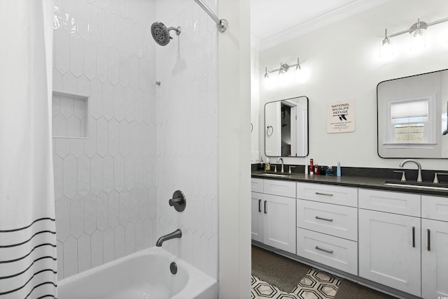 bathroom featuring crown molding, vanity, and shower / bath combo with shower curtain