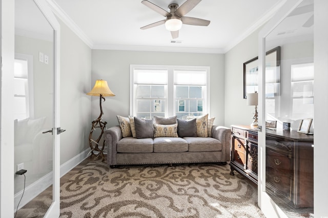 living room featuring crown molding, ceiling fan, french doors, and hardwood / wood-style flooring