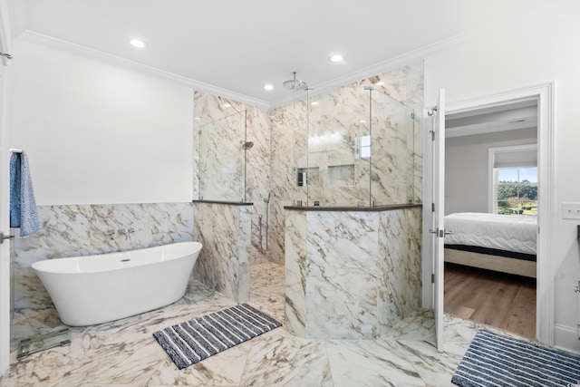 bathroom with crown molding, tile walls, and plus walk in shower