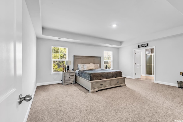 bedroom with light carpet