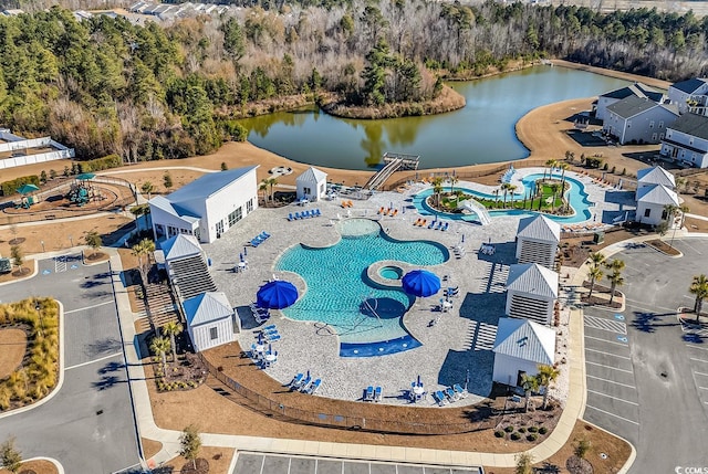 aerial view featuring a water view