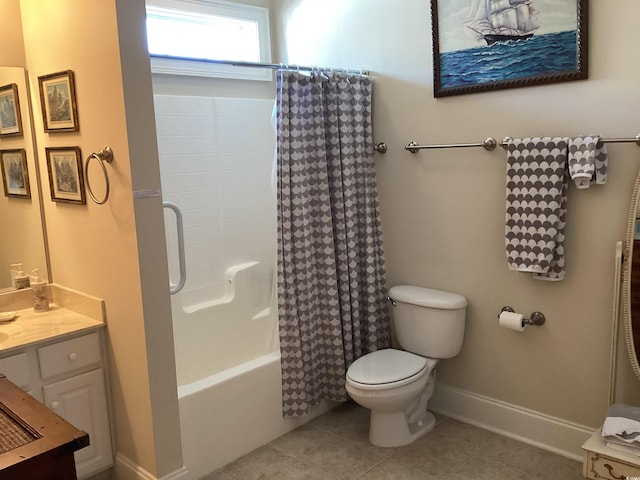 full bathroom with tile patterned flooring, shower / bath combo, vanity, and toilet