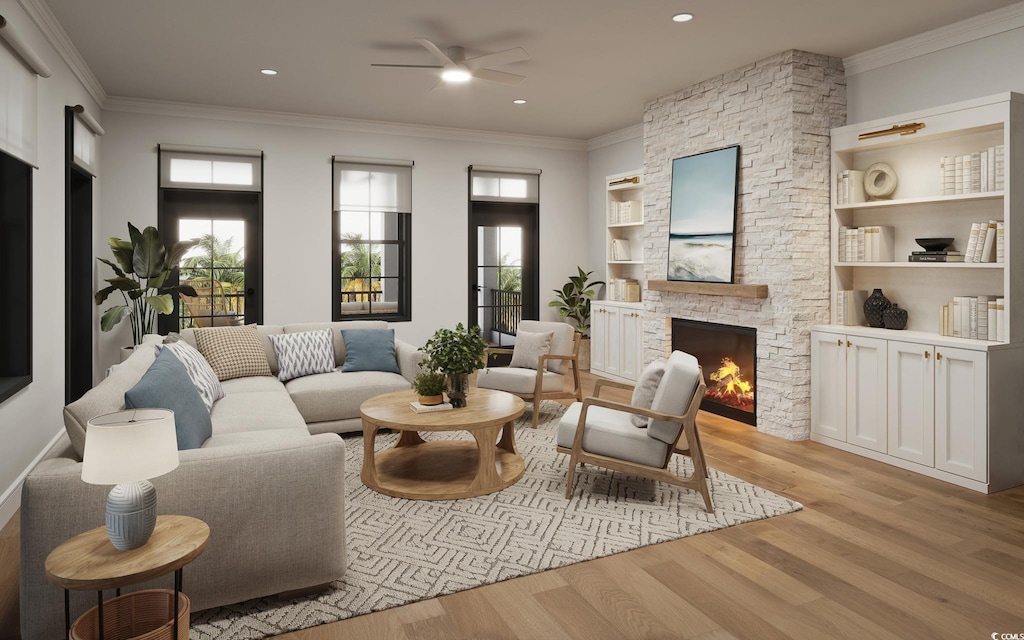 living area with light wood-style flooring, a fireplace, and ornamental molding