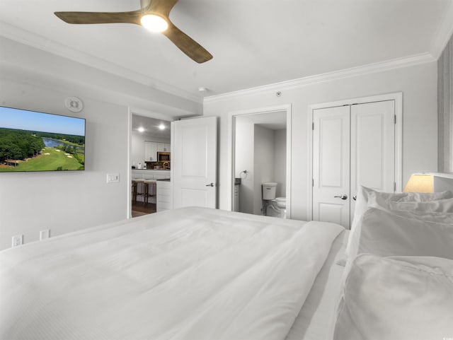 bedroom with connected bathroom, a ceiling fan, and crown molding