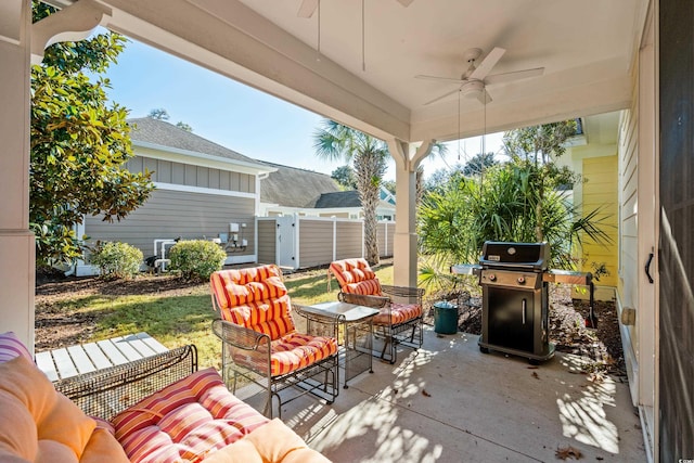 view of patio / terrace with ceiling fan, outdoor lounge area, and area for grilling