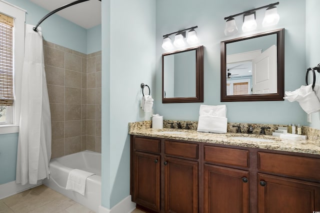 bathroom with vanity, shower / tub combo, and tile patterned floors