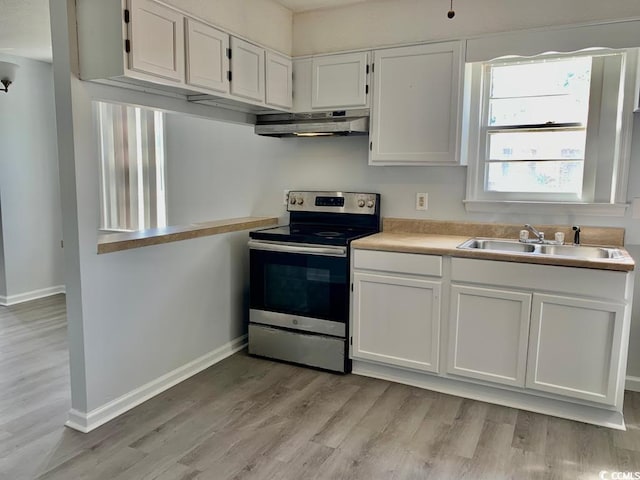 kitchen with white cabinetry, sink, stainless steel range with electric cooktop, and light wood-type flooring