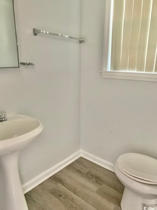 bathroom featuring wood-type flooring and toilet