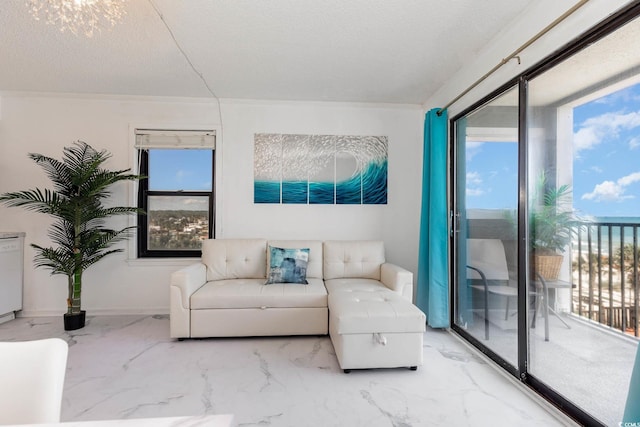 living room with a textured ceiling