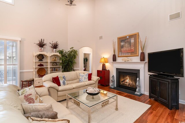 living room featuring a high ceiling and wood-type flooring