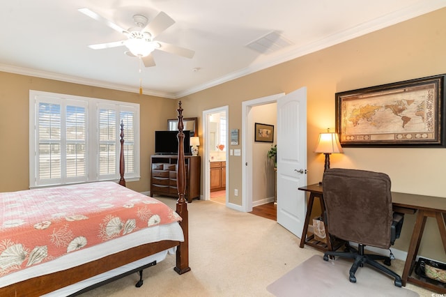 carpeted bedroom featuring crown molding, connected bathroom, and ceiling fan